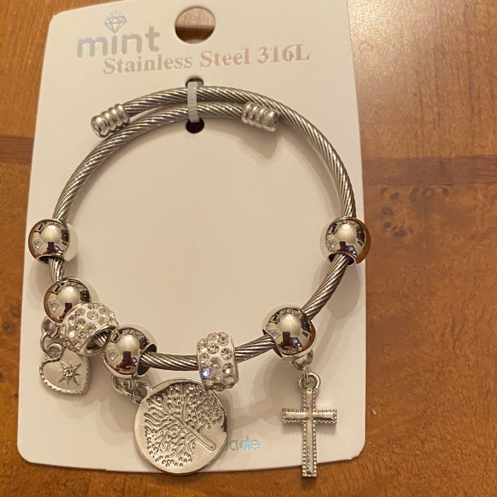 SOLD -  Mint Silver Charm Bracelet with Heart and Cross